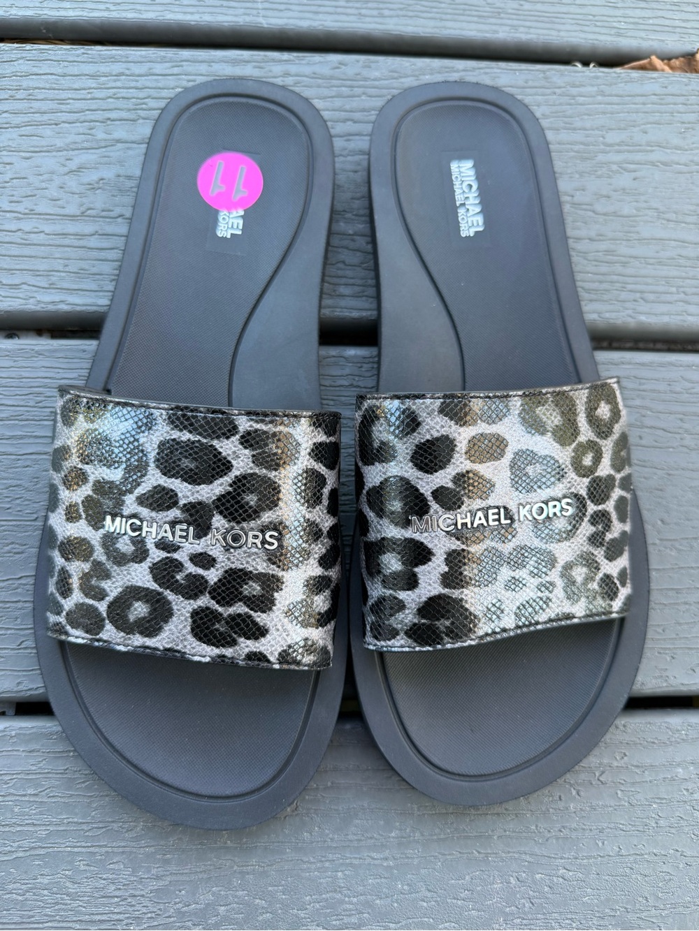 Michael Kors Metallic Black Gray Leopard-Print Slide Sandals